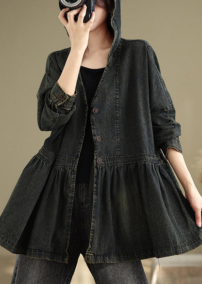 Vintage Black V Neck Wrinkled Pockets Hooded Denim Coats Fall
