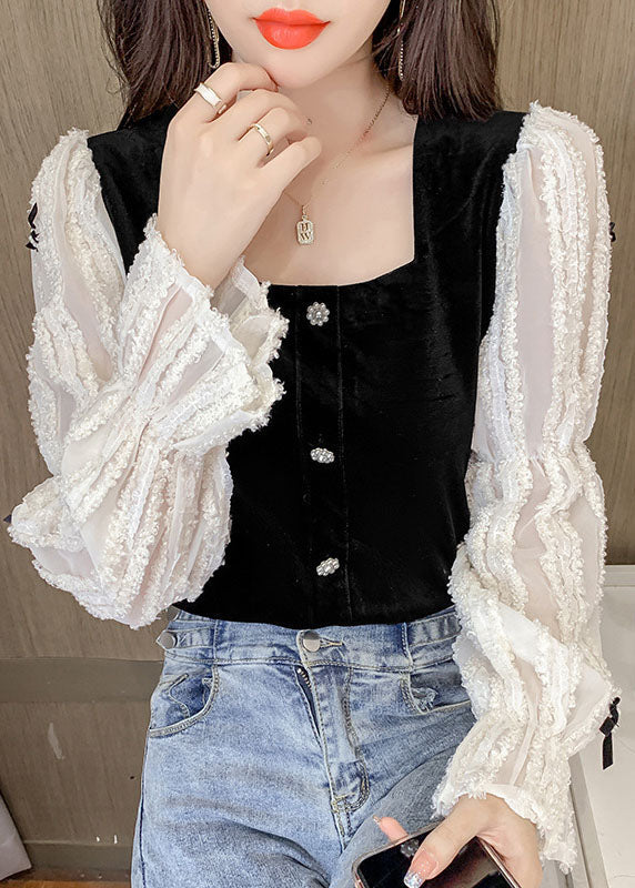 Vintage Schwarz Weiß Quadrat Kragen Schleife spitze Patchwork tops