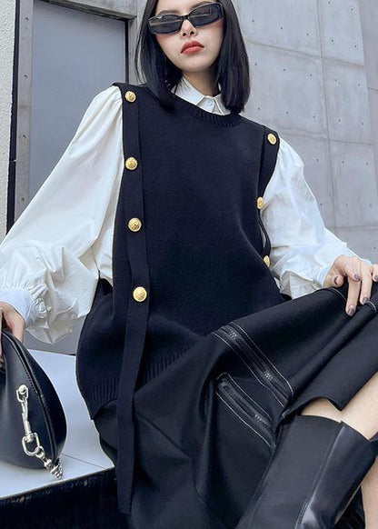 Vintage Black knitwear fashion O Neck Sleeveless Sweater Blouse - SooLinen