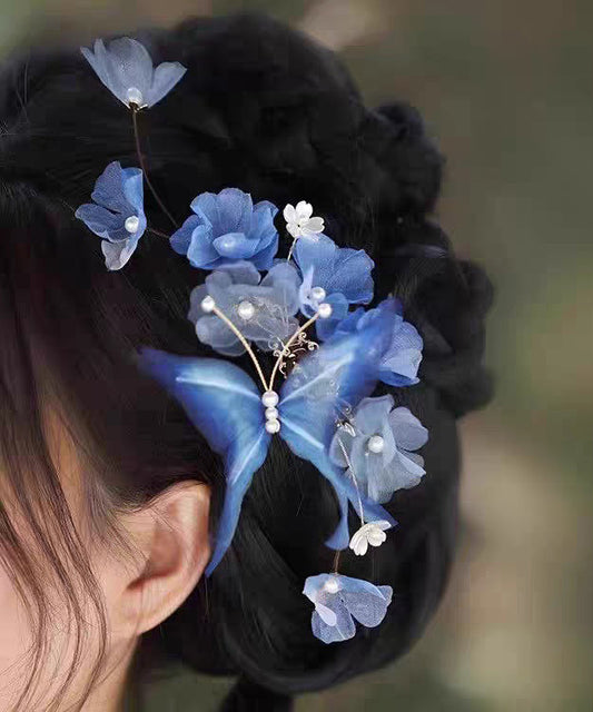Vintage Blue Alloy Pearl Butterfly Floral Tassel Hairpin