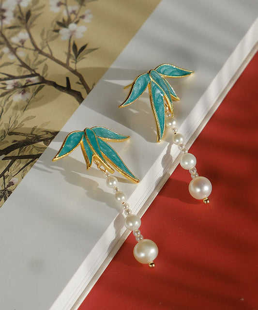Vintage Blue Alloy Pearl Drip Glaze Bamboo Leaf Tassel Drop Earrings