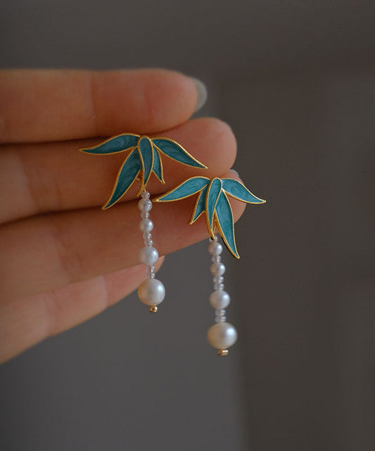 Vintage Blue Alloy Pearl Drip Glaze Bamboo Leaf Tassel Drop Earrings