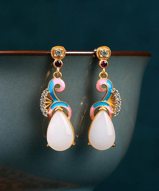 Pendientes colgantes vintage de nubes auspiciosas con jade, circón y oro antiguo azul