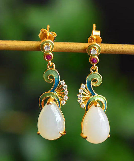 Pendientes colgantes vintage de nubes auspiciosas con jade, circón y oro antiguo azul