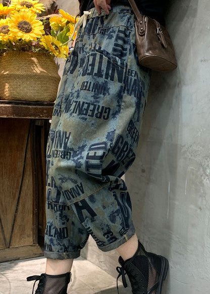 Vintage Blaue Cinched Graphic Denim Hose Frühling