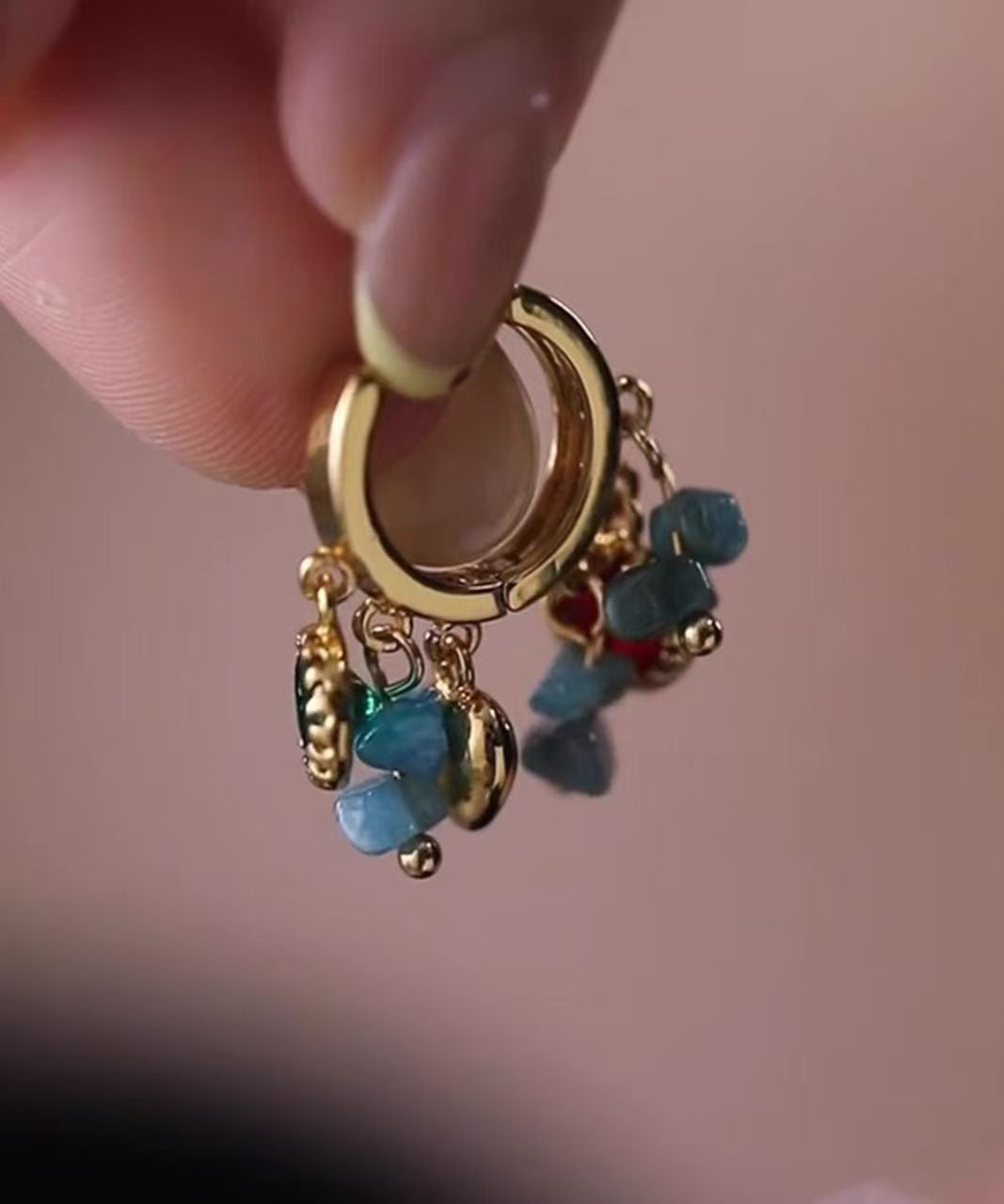 Vintage Blue Copper Overgild Asymmetrical Tassel Hoop Earrings