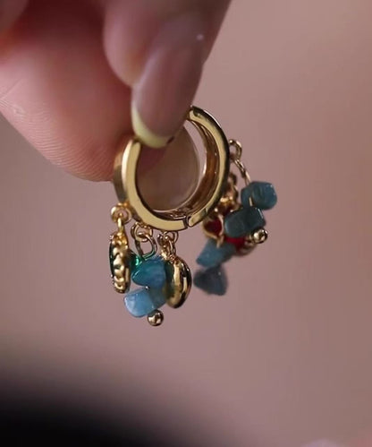 Vintage Blue Copper Overgild Asymmetrical Tassel Hoop Earrings