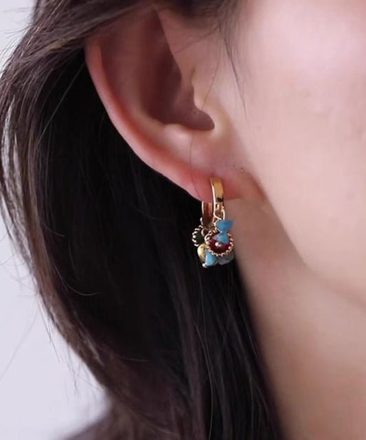 Vintage Blue Copper Overgild Asymmetrical Tassel Hoop Earrings