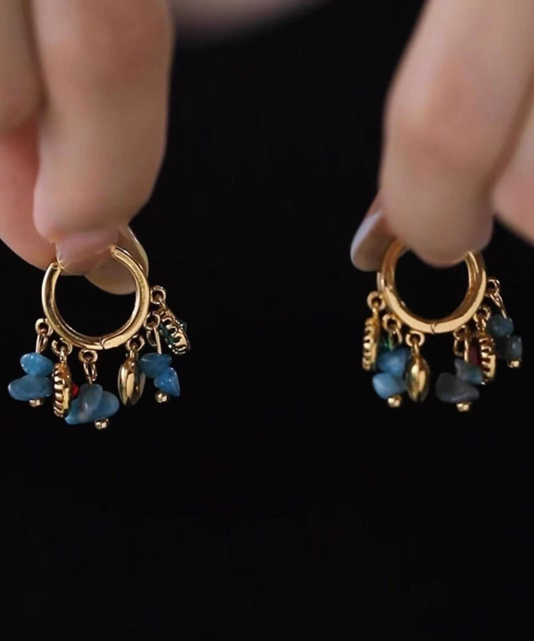 Vintage Blue Copper Overgild Asymmetrical Tassel Hoop Earrings