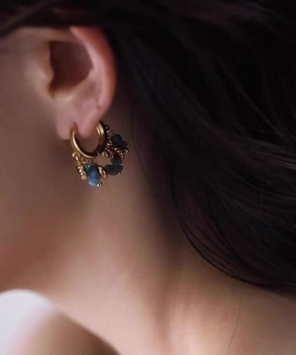 Vintage Blue Copper Overgild Asymmetrical Tassel Hoop Earrings