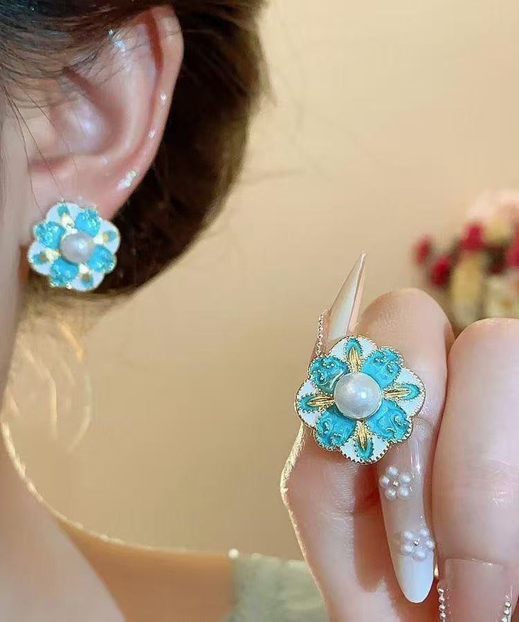 Vintage Blue Copper Pearl Floral Stud Earrings