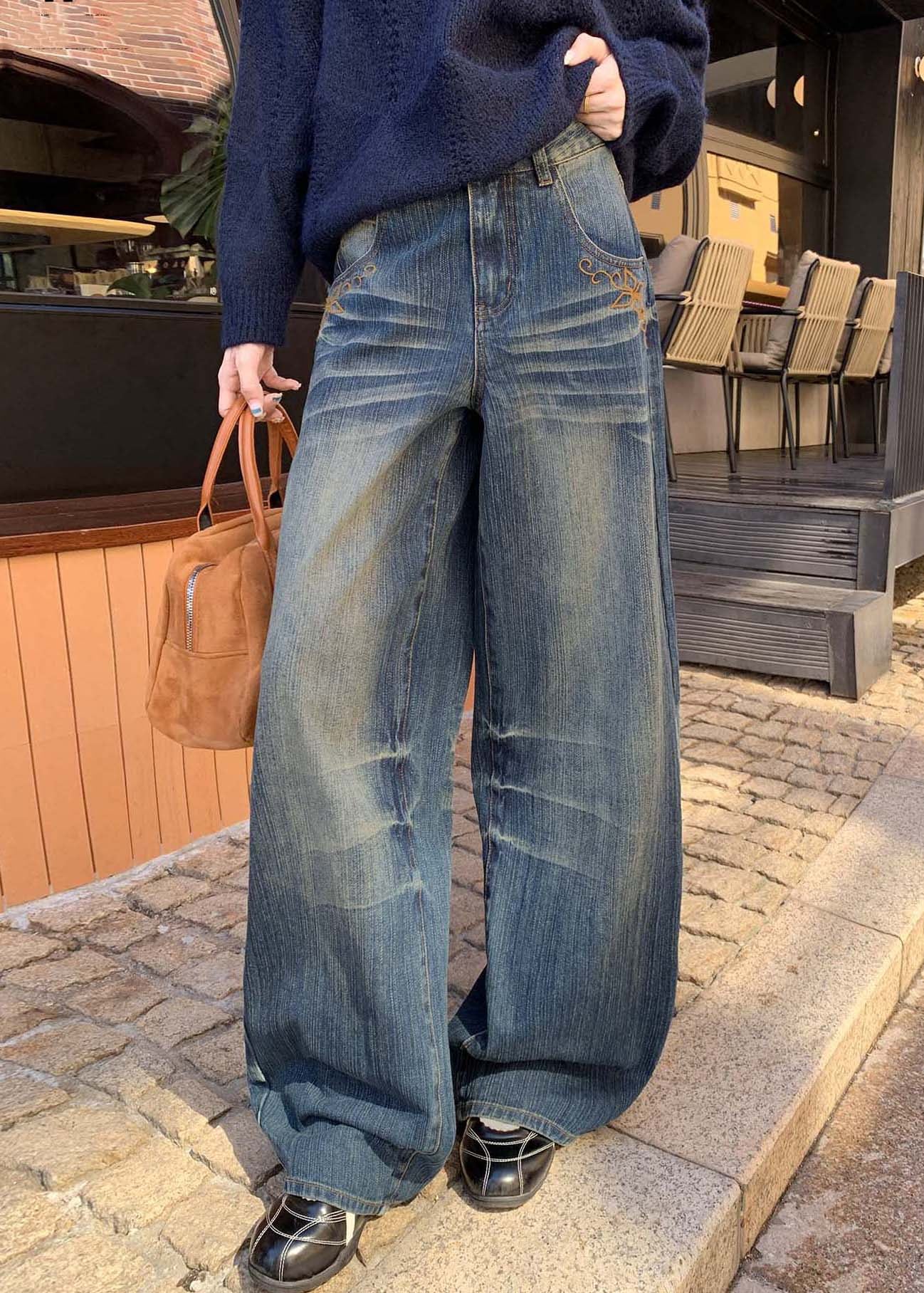 Vintage Blue Embroidered Pockets Denim Wide Leg Pants Spring