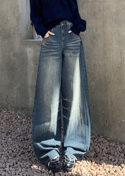 Vintage Blue Embroidered Pockets Denim Wide Leg Pants Spring