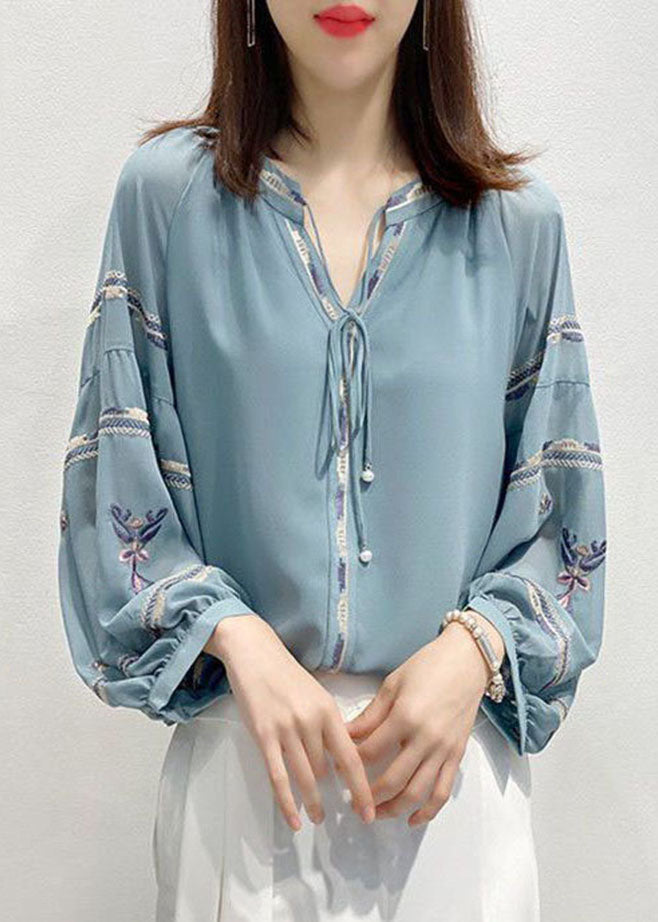Vintage Blue Embroideried V Neck Chiffon Shirt Top Three Quarter sleeve