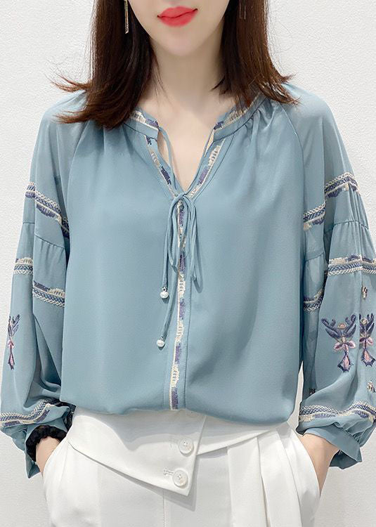 Vintage Blue Embroideried V Neck Chiffon Shirt Top Three Quarter sleeve