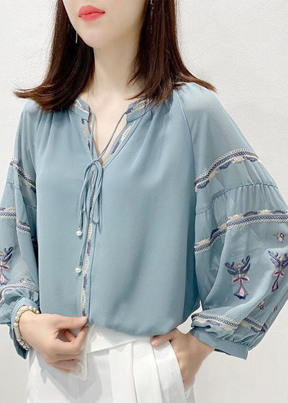 Vintage Blue Embroideried V Neck Chiffon Shirt Top Three Quarter sleeve
