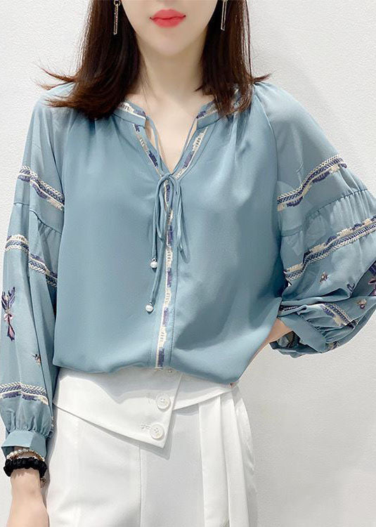 Vintage Blue Embroideried V Neck Chiffon Shirt Top Three Quarter sleeve