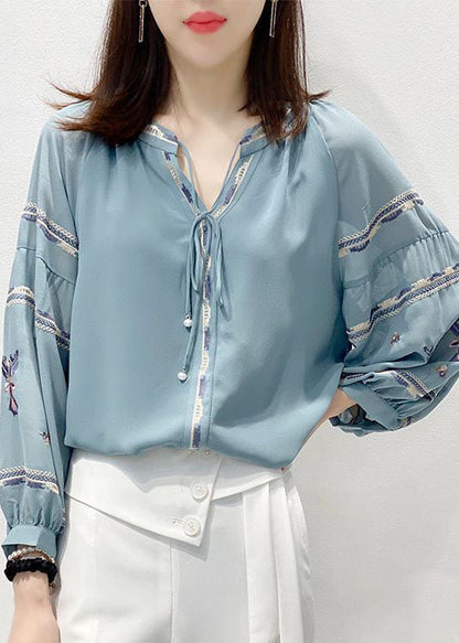 Vintage Blue Embroideried V Neck Chiffon Shirt Top Three Quarter sleeve