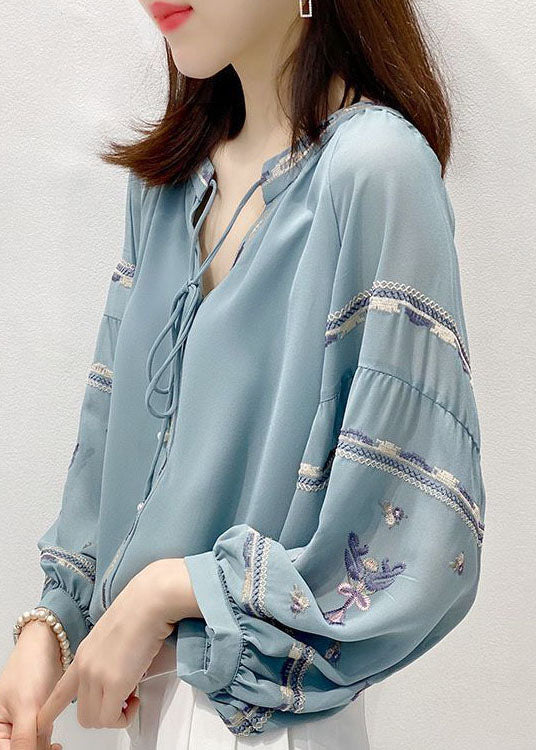 Vintage Blue Embroideried V Neck Chiffon Shirt Top Three Quarter sleeve