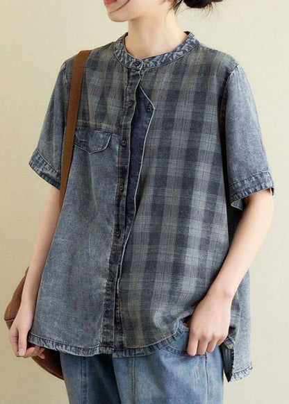 Vintage Blue Grey Denim Plaid Patchwork Summer Tops Short Sleeve - SooLinen