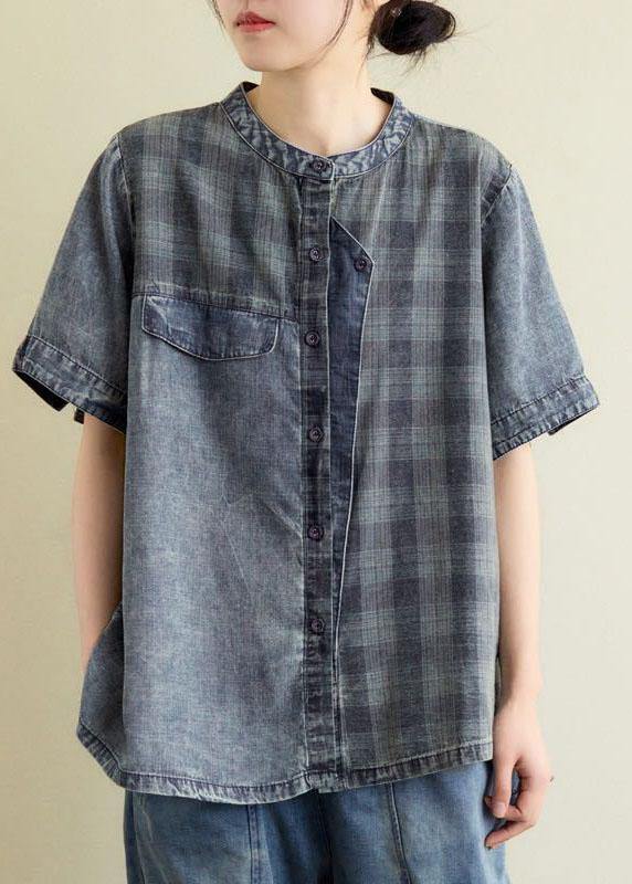 Vintage Blue Grey Denim Plaid Patchwork Summer Tops Short Sleeve - SooLinen