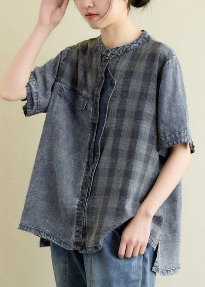Vintage Blue Grey Denim Plaid Patchwork Summer Tops Short Sleeve - SooLinen