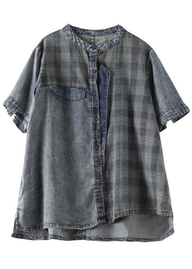 Vintage Blue Grey Denim Plaid Patchwork Summer Tops Short Sleeve - SooLinen