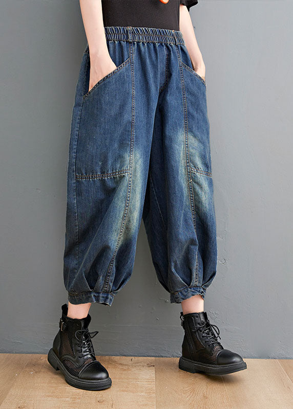 Vintage Blaue High Waist Taschen Laterne Lässige Herbsthose