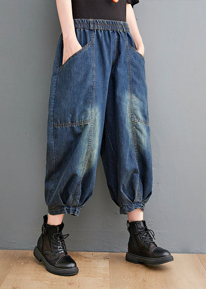 Vintage Blaue High Waist Taschen Laterne Lässige Herbsthose