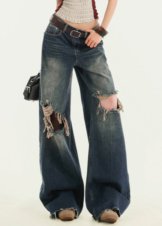 Vintage Blue High Waist Wide Leg Ripped Jeans Fall
