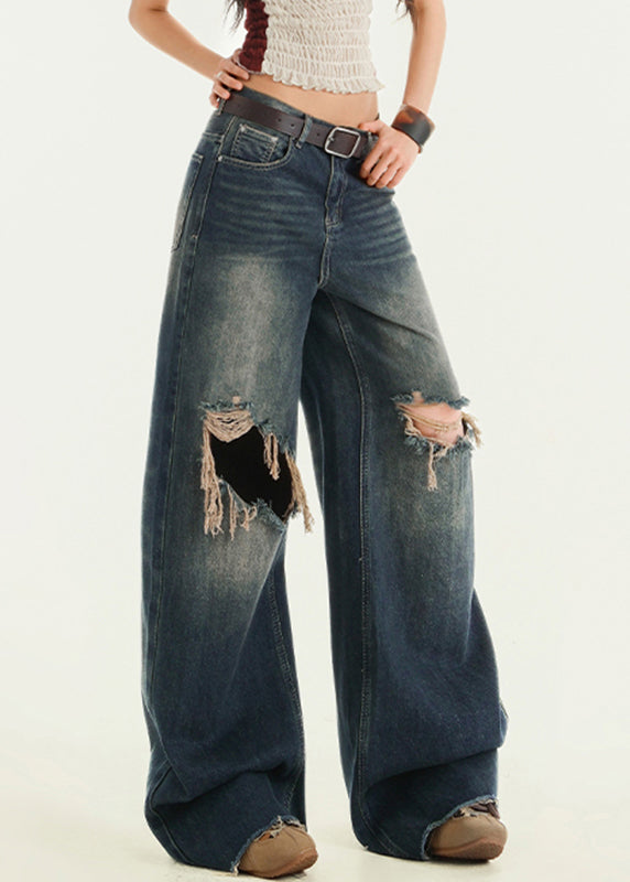 Vintage Blue High Waist Wide Leg Ripped Jeans Fall