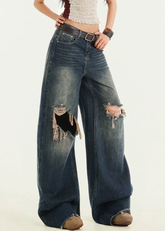 Vintage Blue High Waist Wide Leg Ripped Jeans Fall