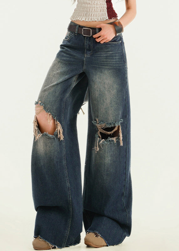 Vintage Blue High Waist Wide Leg Ripped Jeans Fall