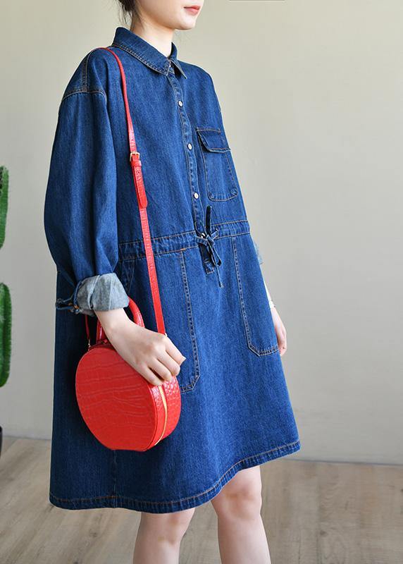 Vintage Blue Long sleeve Cotton Spring Dress - SooLinen