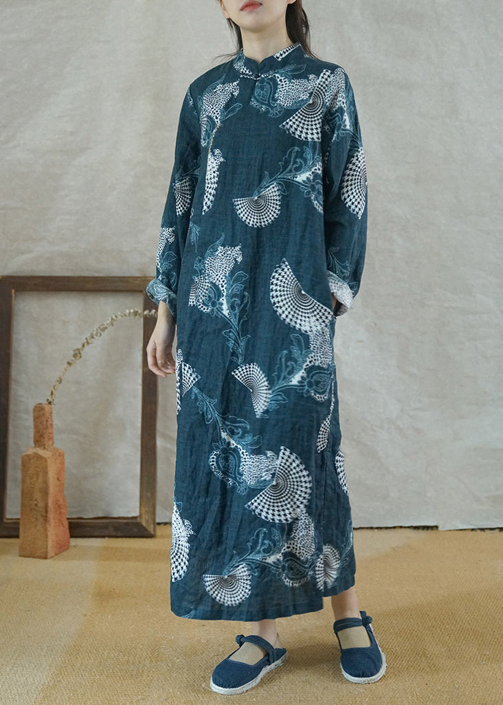 Vintage Blau Mandarin Kragen Seite offen Print Leinen Langes Kleid Langarm