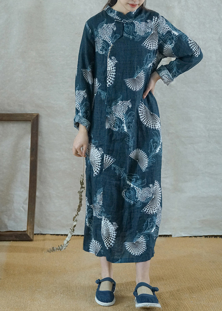 Vintage Blau Mandarin Kragen Seite offen Print Leinen Langes Kleid Langarm