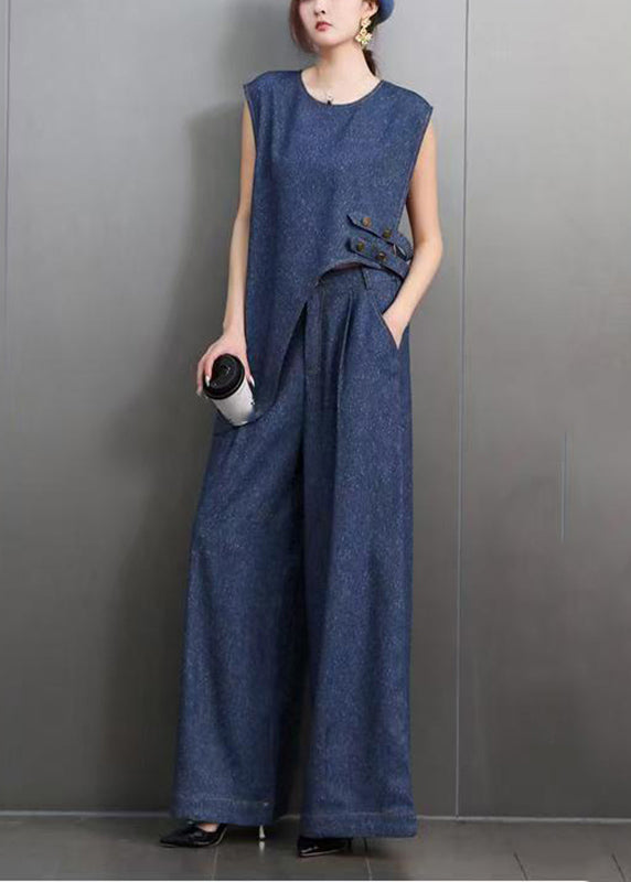 Vintage Blue O-Neck Navy Asymmetrical Denim Top And Wide Leg Pants Two Pieces Set Summer