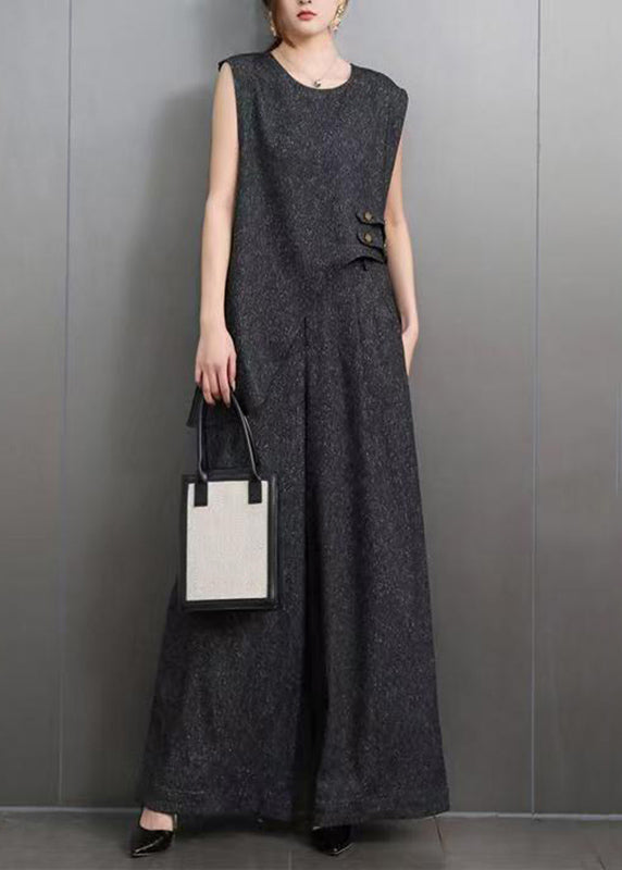 Vintage Blue O-Neck Navy Asymmetrical Denim Top And Wide Leg Pants Two Pieces Set Summer