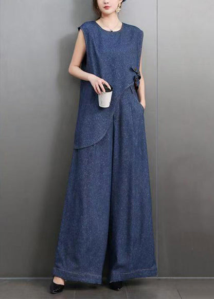 Vintage Blue O-Neck Navy Asymmetrical Denim Top And Wide Leg Pants Two Pieces Set Summer