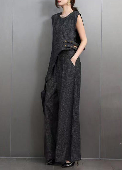 Vintage Blue O-Neck Navy Asymmetrical Denim Top And Wide Leg Pants Two Pieces Set Summer