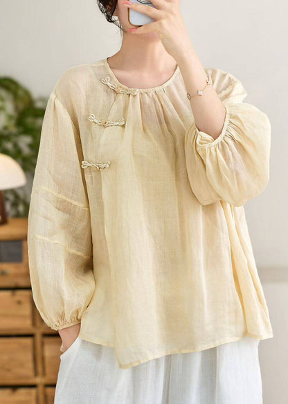 Vintage Blue O Neck Oriental Button Linen Shirt Top Lantern Sleeve