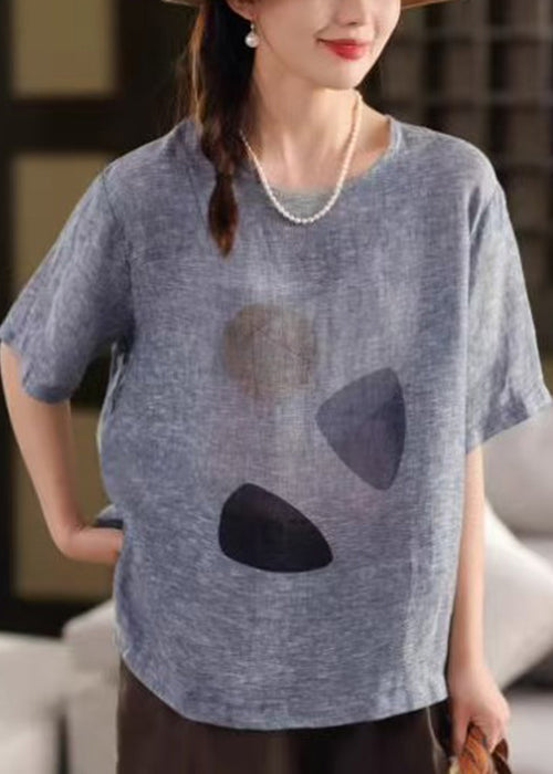 Vintage Blue O Neck Print Linen T Shirts Summer