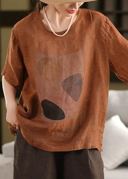 Vintage Blue O Neck Print Linen T Shirts Summer