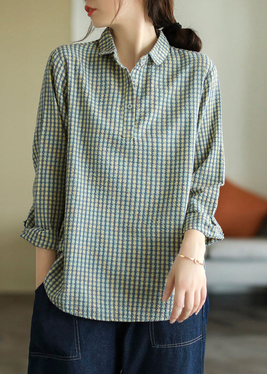 Top vintage de algodón con cuello Peter Pan azul para primavera