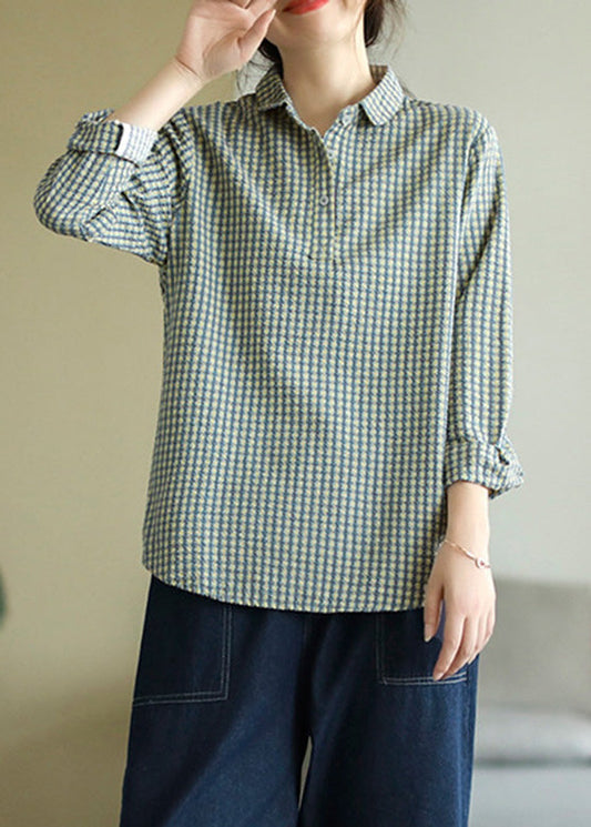 Top vintage de algodón con cuello Peter Pan azul para primavera