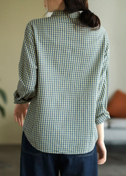 Top vintage de algodón con cuello Peter Pan azul para primavera