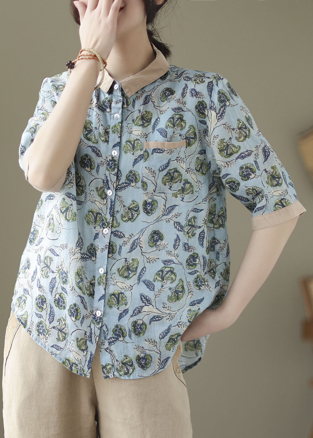 Camisas de lino con cuello Peter Pan azul vintage y estampado de patchwork para verano