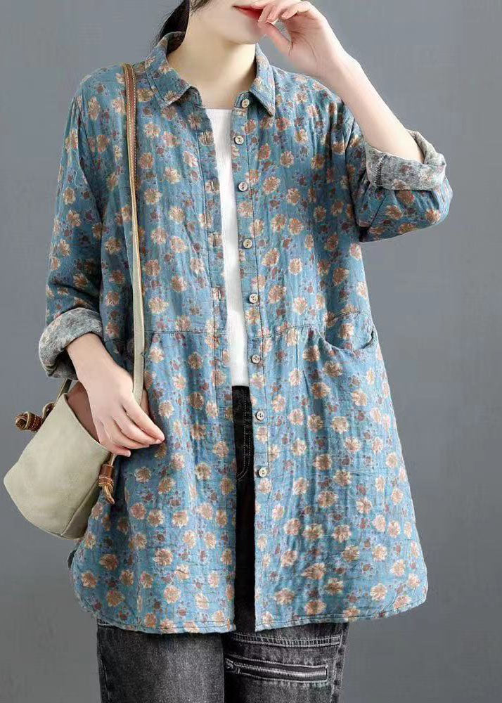 Vintage Blau Peter Pan Kragen Taste Seite offen Hemd Tops Frühling