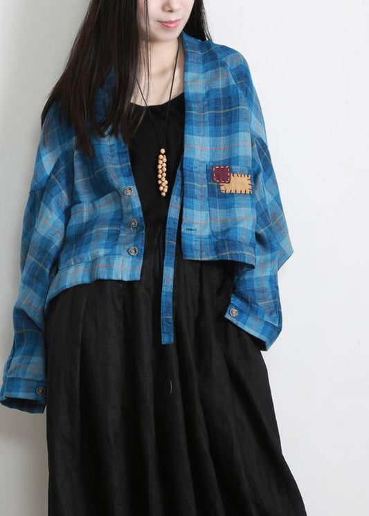 Vintage Blue Plaid Batwing Sleeve Linen Summer Shirt Tops - SooLinen