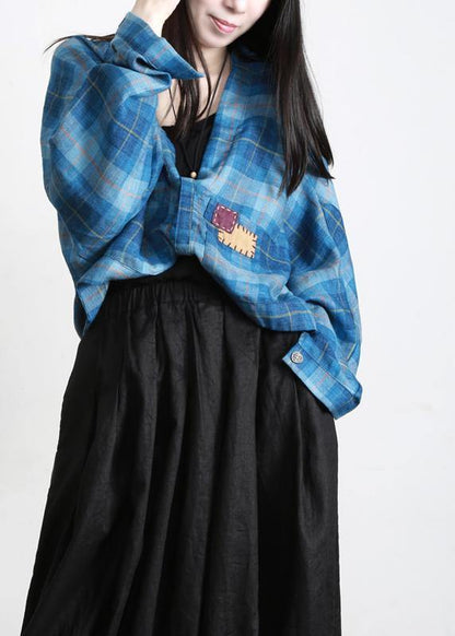 Vintage Blue Plaid Batwing Sleeve Linen Summer Shirt Tops - SooLinen